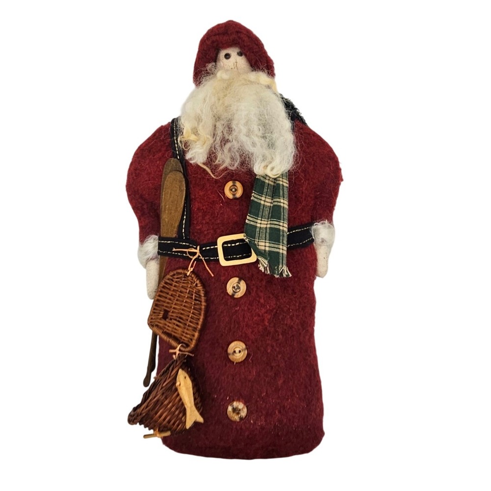 Primitive Father Christmas Santa Figure Red Wool Weighted Ski Fishing 18 Inch
